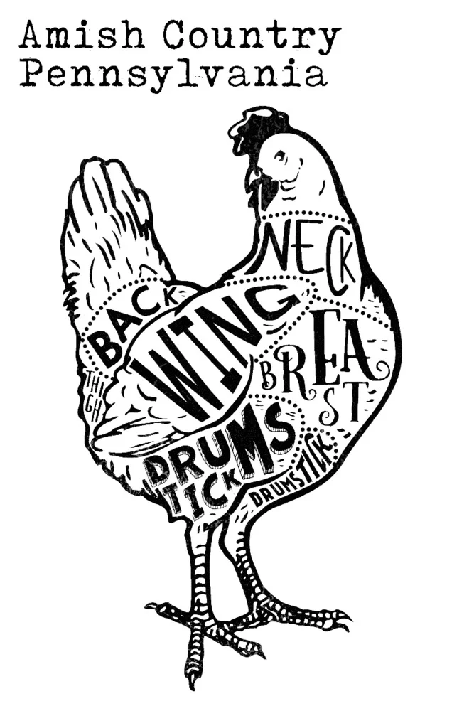 Amish Country, Pennsylvania, Butchers Block Meat Cuts, Black Chicken on White Press (36x54 Giclee Gallery Art Print, Vivid Textured Wall Decor)