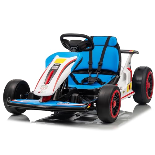 24V Kid Go Kart, 7AH Battery Powered Electric Vehicle, w/150 * 2 Motors, Drifting Car Soft Start, Music, Horn Honking and Safety Belt, Gift for Kids Age 8-12 Years Old, Blue