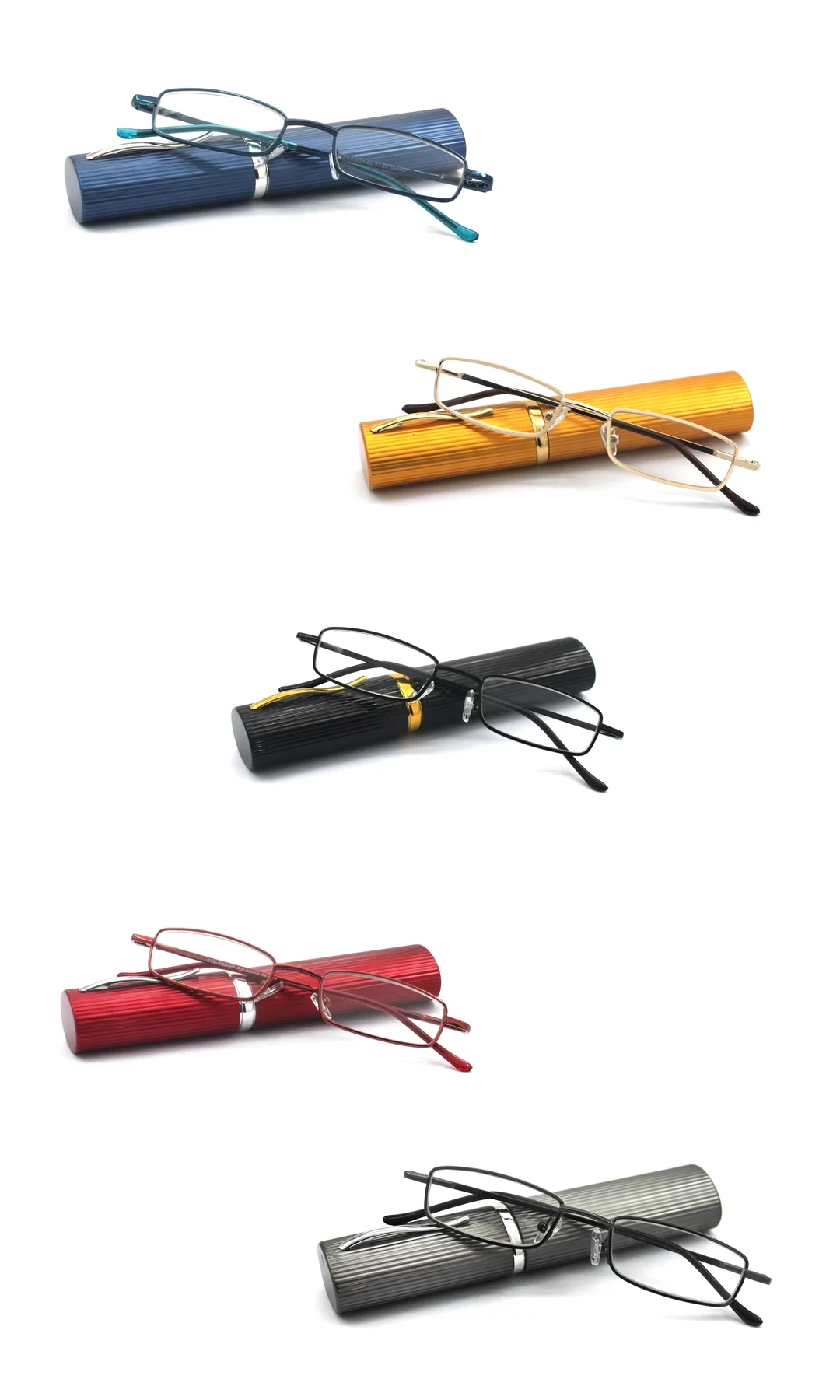 EYE ZOOM 5 Pack Readers Ultra Slim Compact Lightweight Tube Reading Glasses with Portable Clip Aluminum Case for Men and Women,Black, Gold, Gunmetal, Navy Blue, Wine Red 2.75