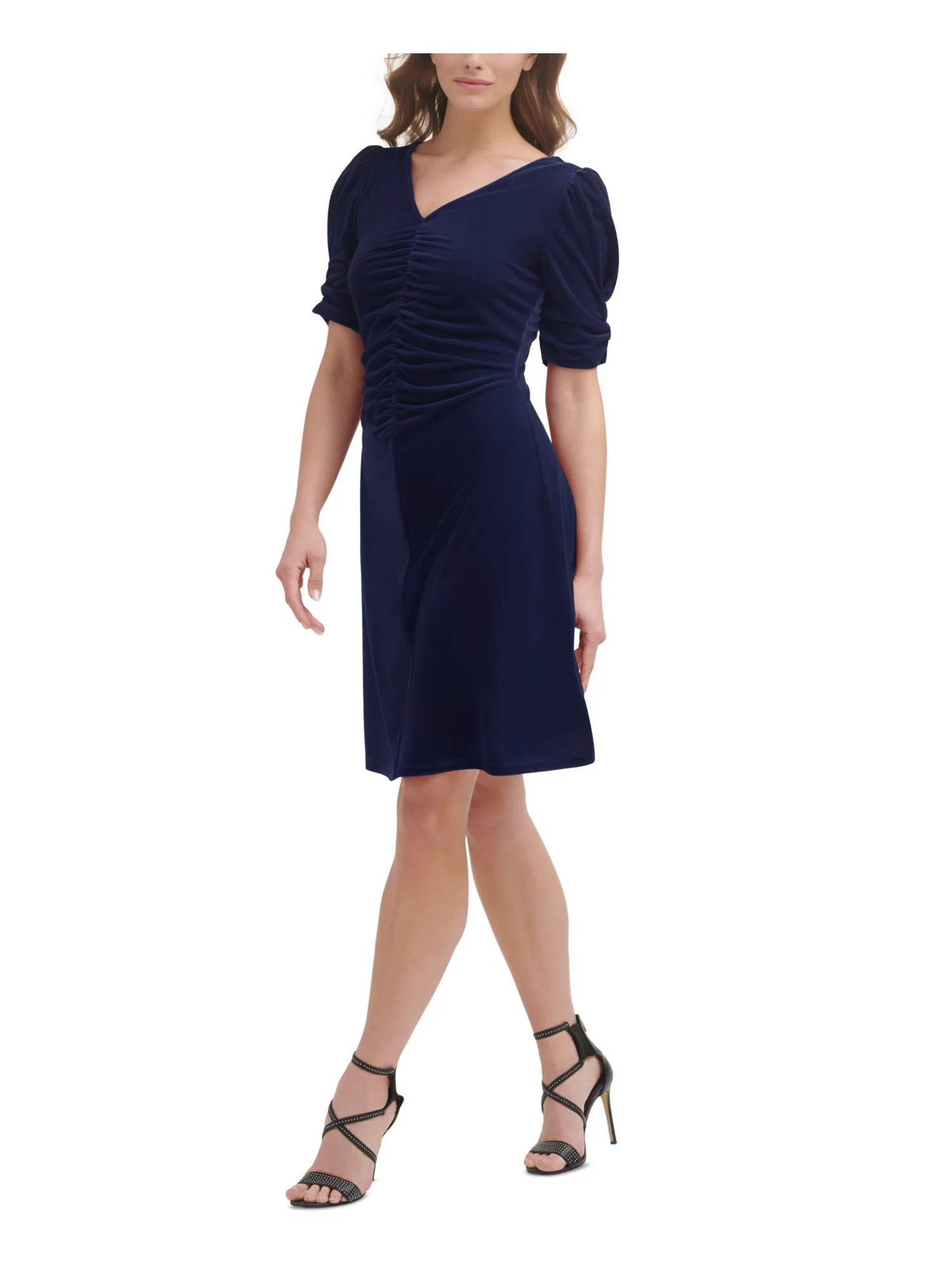 DKNY Womens Navy Ruched Zippered Velvet Textured Pouf Sleeve V Neck Knee Length Party Sheath Dress 10