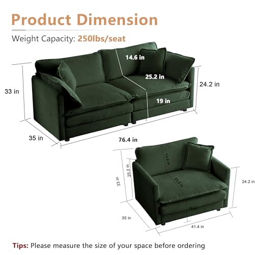 mikibama Luxury 2 Piece Cloud Couches Set, Modern Upholstered Chenille 3 Seater and Loveseat Sofa Set with 9 Pillow for Living Room Bedroom Office Apartment, Black