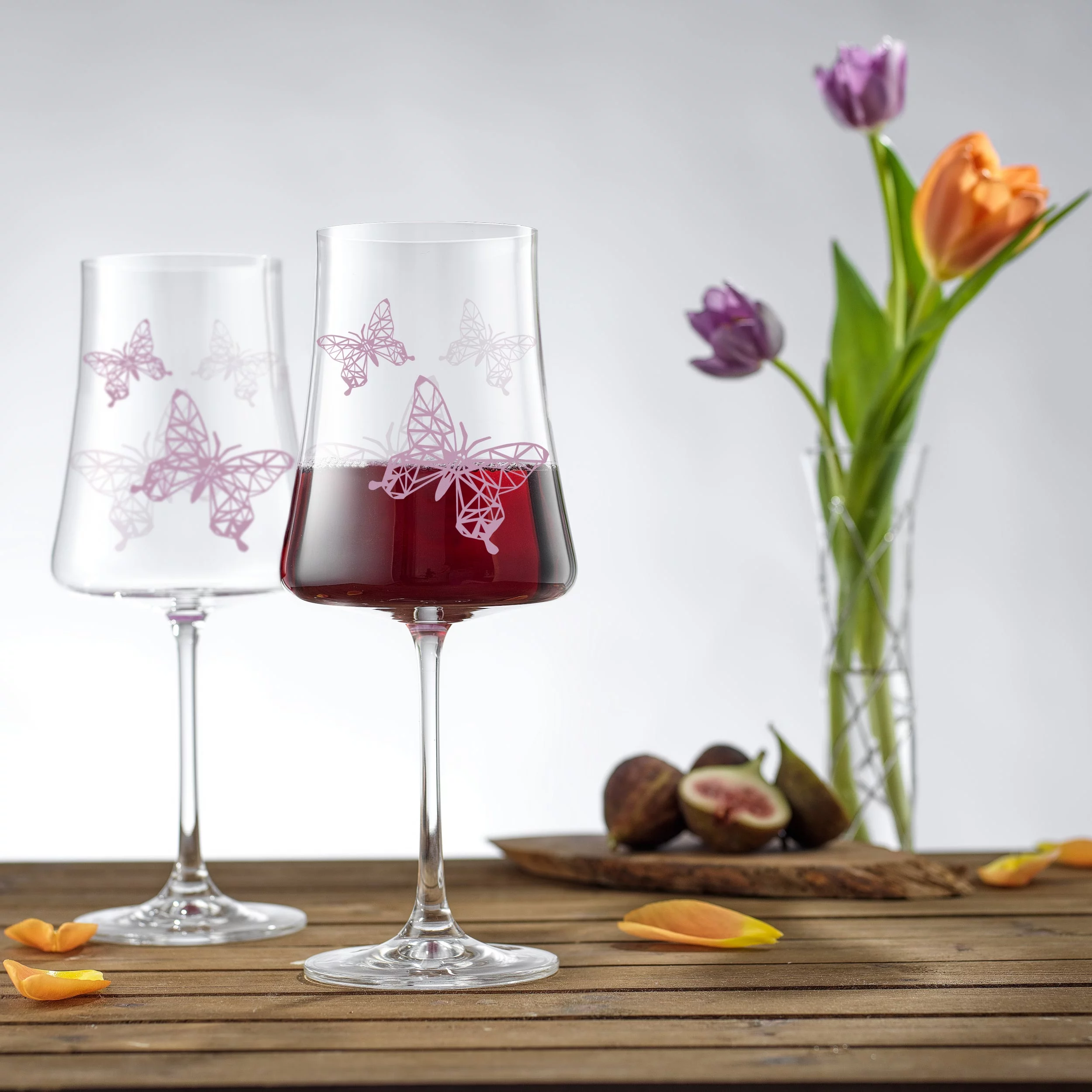 JoyJolt Meadow Butterfly Collection European Crystal Stemmed Red Wine Glass - Set of 2