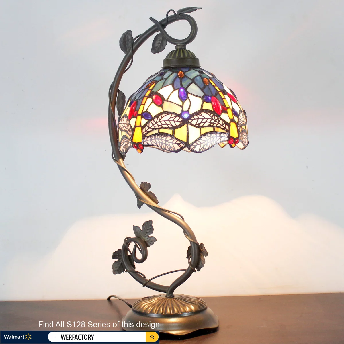 Tiffany Desk Lamp Banker Stained Glass Bedside Table Lamp Blue Yellow Dragonfly Style Metal Leaf Thin Base 21