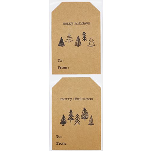 Boho Style Christmas Tree Gift Tag Stickers – 2 x 3 Inch Holiday Labels with Unique Tree Designs – 100 Adhesive Kraft Tags, Eco-Friendly, Made in USA