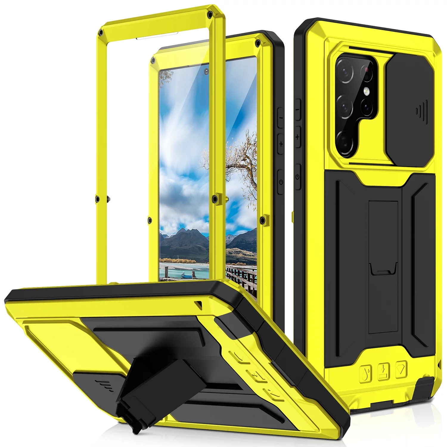 Galaxy S22 Ultra 5G Case with Built-in Glass Screen Protector,Allytech Hard PC and Shockproof TPU Life Waterproof Slide Camera Lens Protective Kickstand Cover for Samsung Galaxy S22 Ultra 2022, Yellow