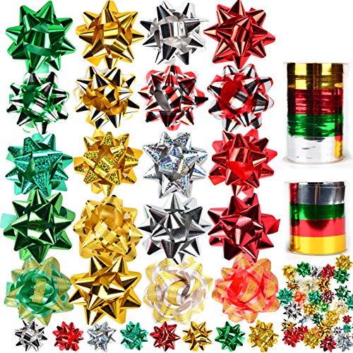 JOYIN 50 PCS Christmas Bows and Gift Ribbons with 48 Multi-Colored Assorted Size Self Adhesive Gift Bows and 2 Rolls of Curling Ribbons for Gift, Present Wrapping Decoration