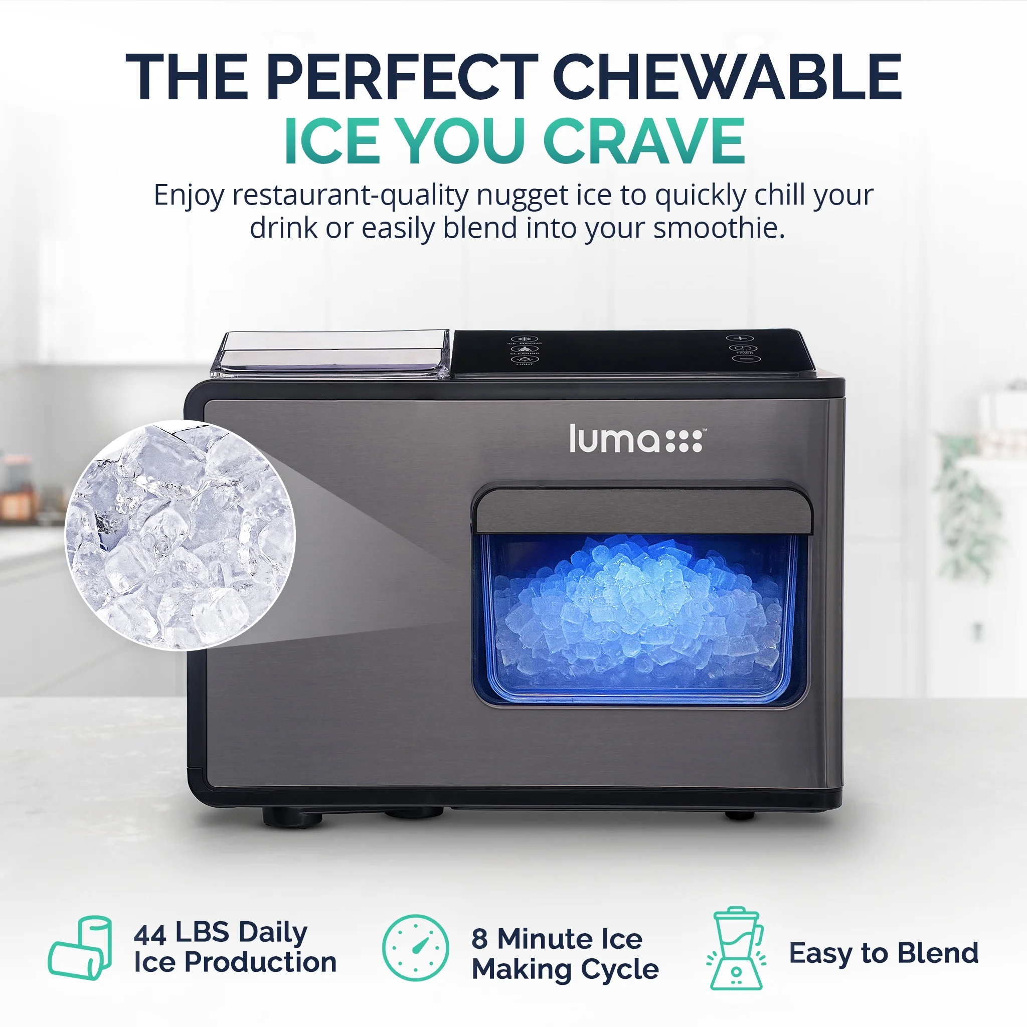 Luma Nugget Countertop Ice Maker, 44 lbs in 24 hours, Black Stainless Steel Ice Machine, Perfect for Home Bar, Kitchen Countertop, RV, Home Office