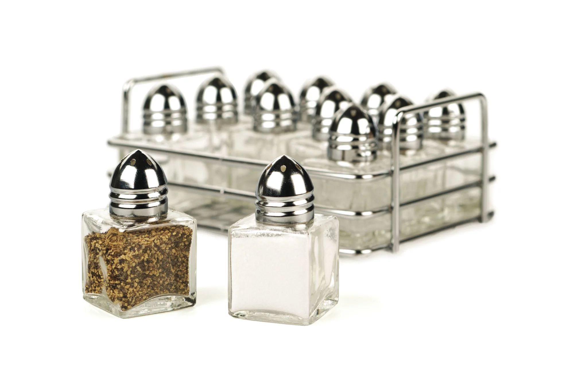 Silver Stainless Steel Mini Glass S and P Shakers with Rack (Set of 12)