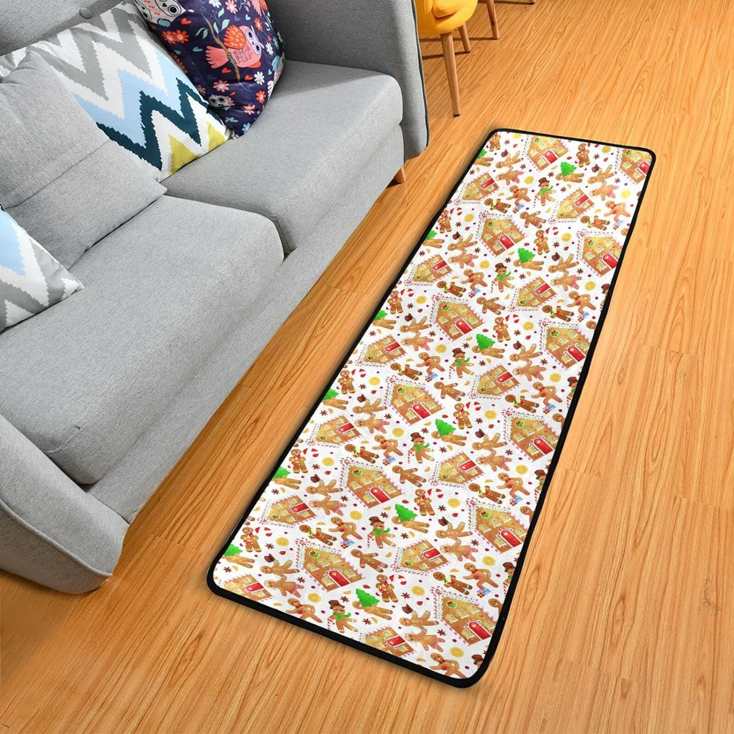 Christmas Cookies Man Girl Hallway Runner Rug 2'x6' Kitchen Rug with Rubber Backing Gingerbread House Lemon Spices Non Slip Entryway RugWashable Soft Area Rug for Hallway Bedroom Kitchen Decor