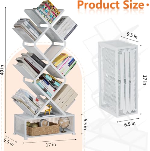 9 Tier Folding Tree Bookshelf, Tall Bookcase with Storage Cabinet, Modern Narrow Bookshelves Organizer, Floor Standing Book Shelf for Bedroom/Living Room/Home Office/Corner (Black)