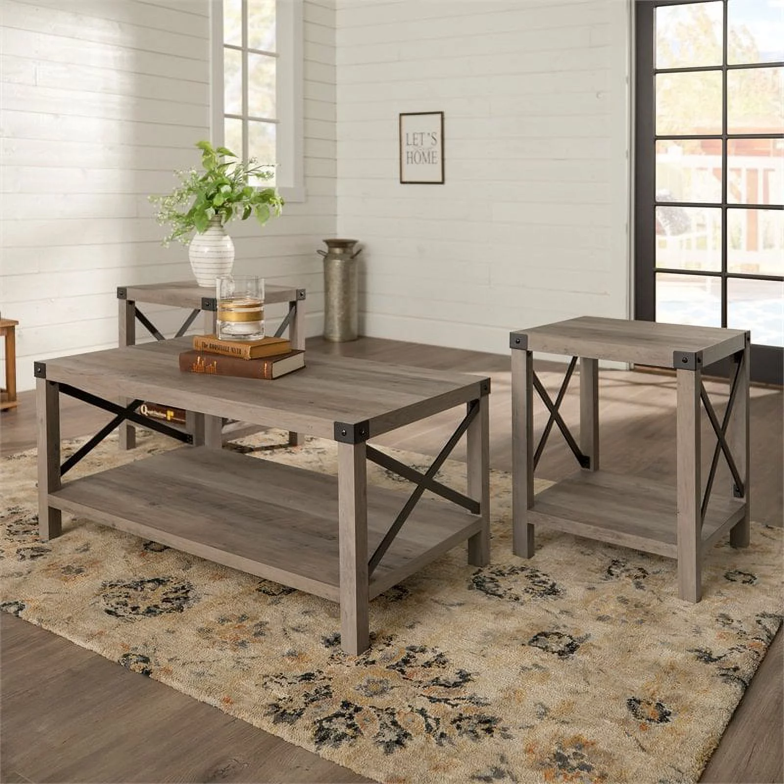 Home Square 4 Piece Set with TV Stand, Coffee Table and 2 End Tables in Gray