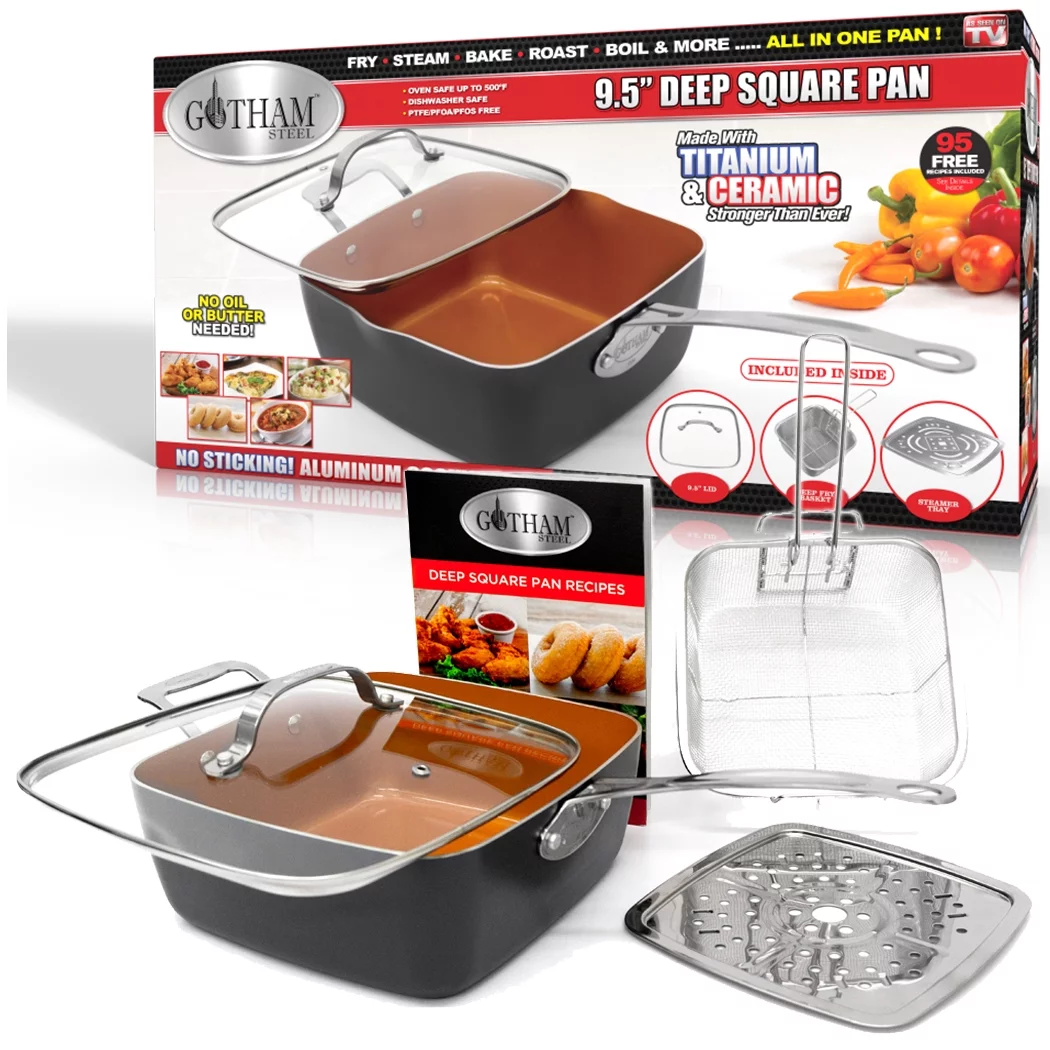 Gotham Steel - 6 Quart XL Nonstick Copper Deep Square All in One 6 Qt Casserole Chef’s Pan & Stock Pot- 4 Piece Set, Includes Frying Basket and Steamer Tray, Dishwasher Safe