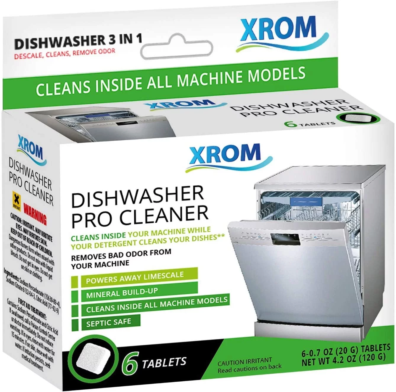 XROM Dishwasher Pro Cleaner and Descaler, Removes Odors & Hard Water Stains, Powerful Descaling, 6 Treatments. Original Scent
