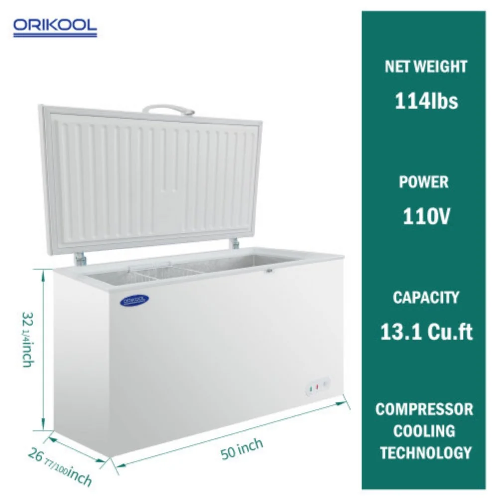 ORIKOOL Chest Freezer 13.1 Cu.ft Solid Top Commercial Deep Chest Freezers with Lockable Stay-Open Lid Painted for Back-of-House Bulk Storage  White + Steel