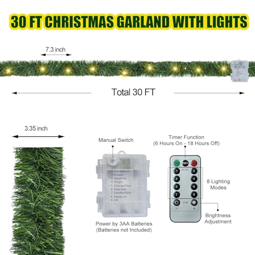 Christmas Garland with Lights, 30 Feet 50 Led Battery Operated Pre-Lit Long Garland Remote Timer for Stairs Railing Fireplace Mantle Office Door Frame Decor Green Greenery Indoor Outdoor Decorations