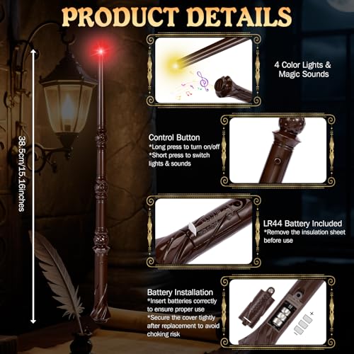 Light Up Magic Wizard Wand with Sounds & 4 Color Lights Illuminating Witch Toys for Kids Cosplay Party Birthday Gift, Brown, 2PCS