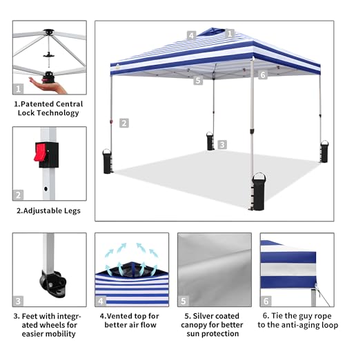 CROWN SHADES 10x10 Pop Up Canopy - Beach Tent with One Push Setup - Easy Outdoor Sun Shade for Events, Parties, Camping - Gazebo with STO-N-Go Cover Bag, Silver Coated Top, White