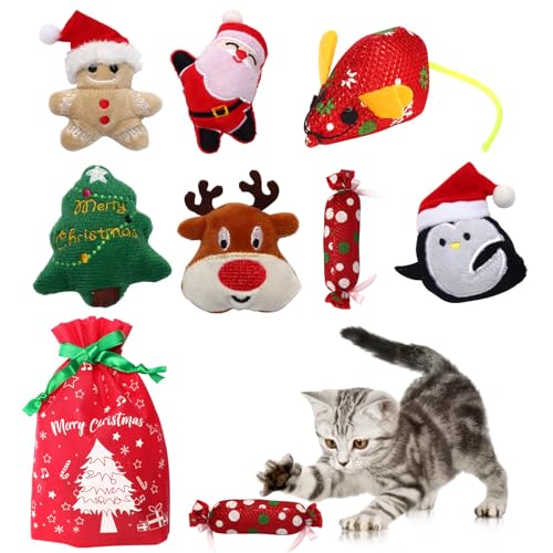 8 Pieces Christmas Cat Toys Catnip Toys Cat Chew Bite Resistant Toys Cat Plush Santa Claus Snowman Tree Toys for Christmas Holiday Cat Lover Gift