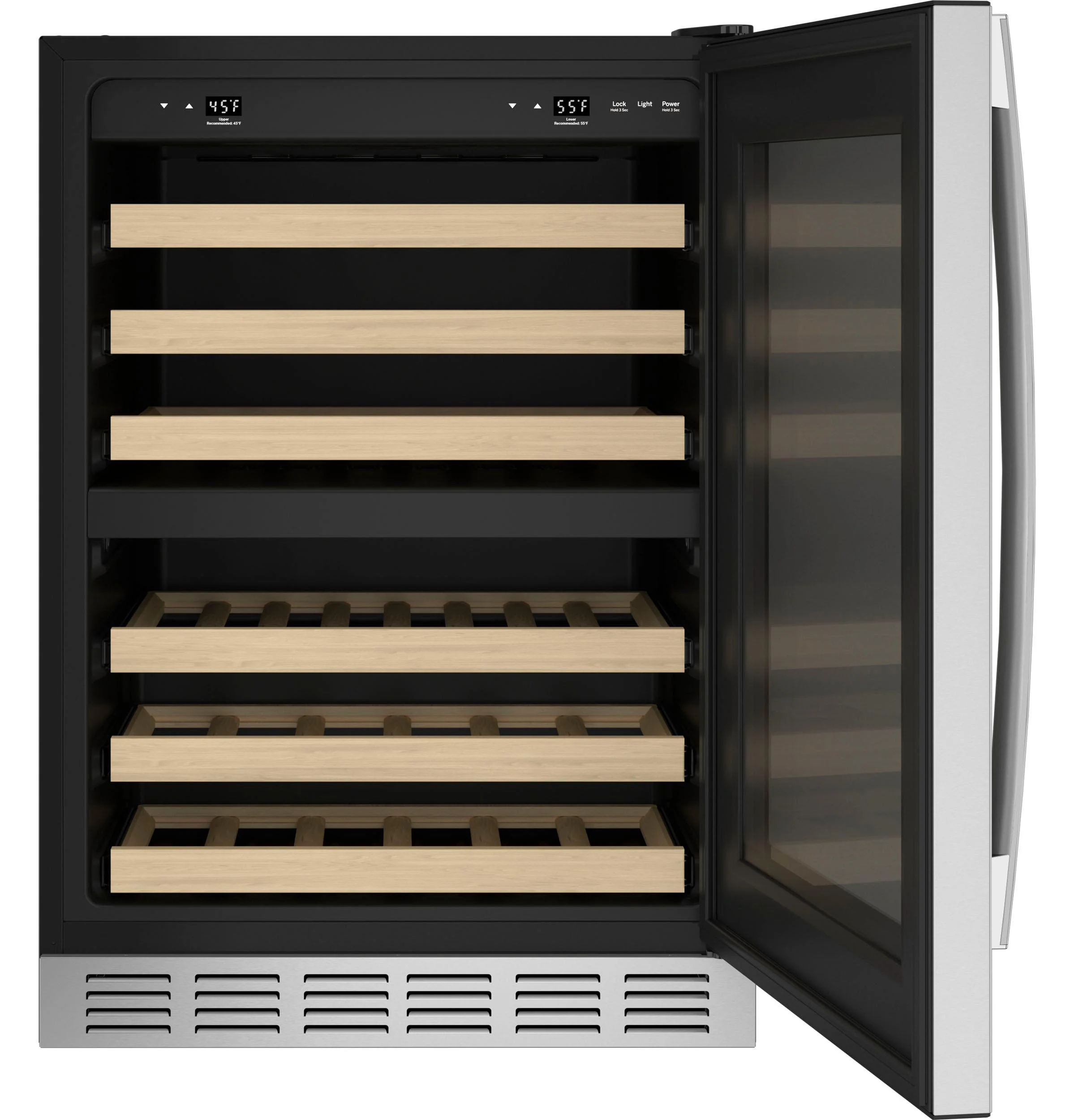 24 Inch Dual Zone Wine Cooler with 44 Bottle Capacity, 6 Sliding Wine Racks, Recessed LED Lighting,