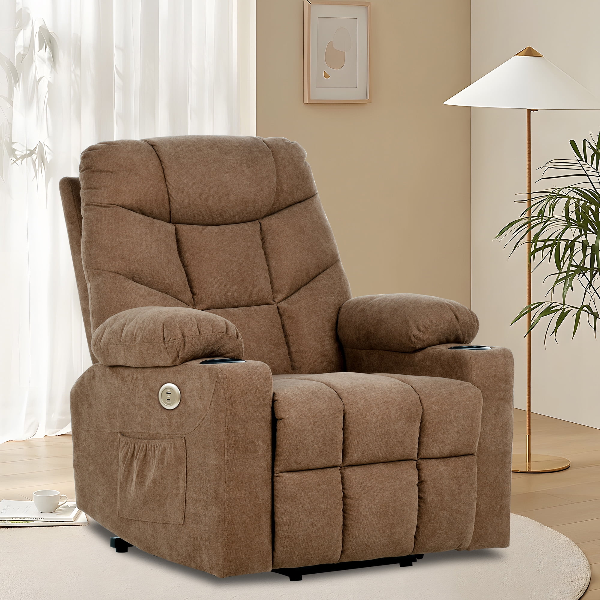 Contemporary Power Lift Recliner Chair, Fabric Recliner Chair with Relaxing Massage and Soothing Heat, Roomy Seating, Built-in USB Ports, Beverage Holders, Convenient Side Storage, Brown