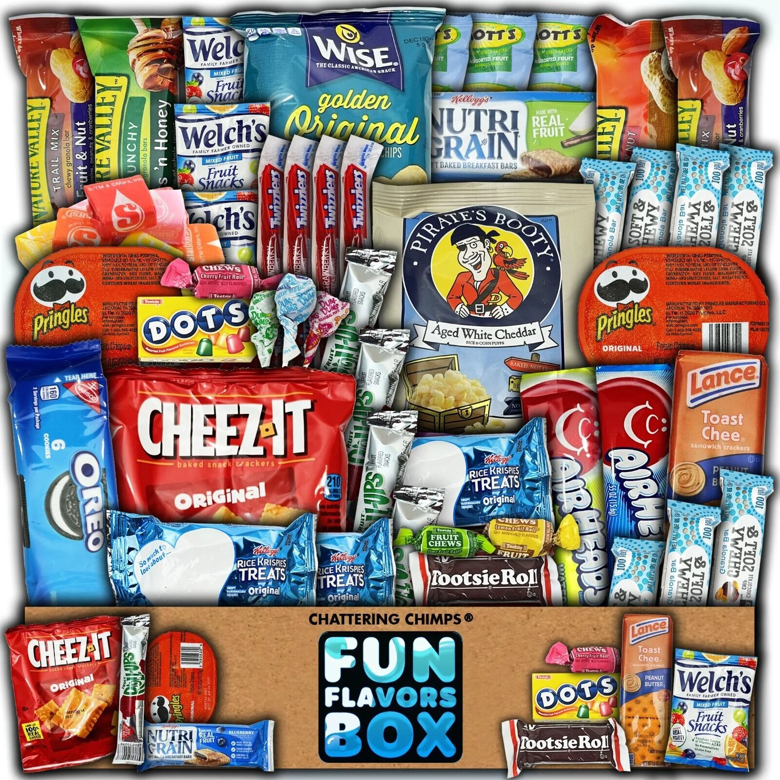 Fun Flavors Box Favorite American Snack Care Package - 50 Snacks Variety Assortment of Chips, Cookies, Candy, Bars, Favorite Snacks Gift Box