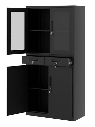 GarveeHome 71 Inch Tall Metal Garage Storage Cabinet, Display Cabinet with Glass Doors, 2 Drawers & 2 Adjustable Shelves, Lockable Garage Organizer for Home Office, Black