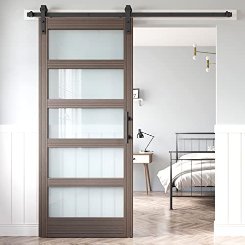 36x84 Inch Glass Sliding Barn Door Slab and 6.6ft Hardware Kit Included, 5 Frosted Glass, LVL Wood Panel Covered with White Water-Proof Scratch-Proof PVC Surface, Simple DIY Assembly