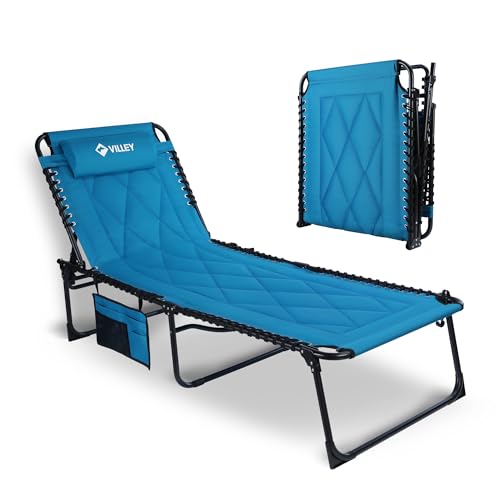 VILLEY Oversized Padded Chaise Lounge with Cushion, Foldable Camping Cot, Patio Reclining Lounge Chairs, Folding Sleeping Bed for Outdoor, Indoor, Backyard, Garden, Camping, Relaxing, Beach Tanning
