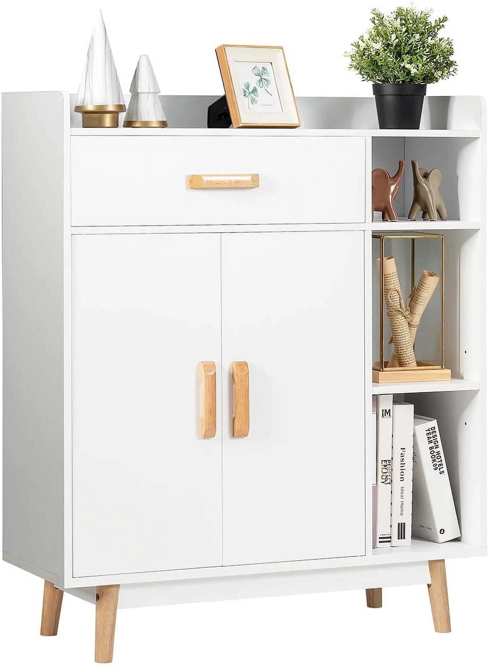 Floor Storage Cabinet, Free Standing Cupboard Chest with 1 Drawer, 2 Doors, 3 Shelves & 4 Rubber Wood Legs for Bedroom Home Office Sideboard Storage Organizer, White