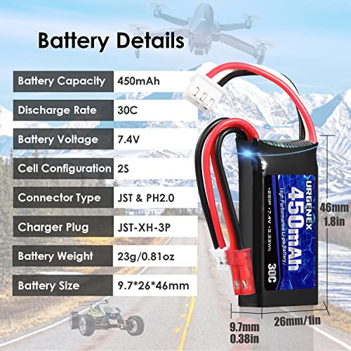URGENEX 7.4V Lipo 2S 30C 450mAh Rechargeable Lipo with JST & PH2.0 Plug SCX24 with 1to2 USB Charger Fit for Most 1/10, 1/16, 1/18, 1/24 Scale RC Car Truck and RC Drone Airplane