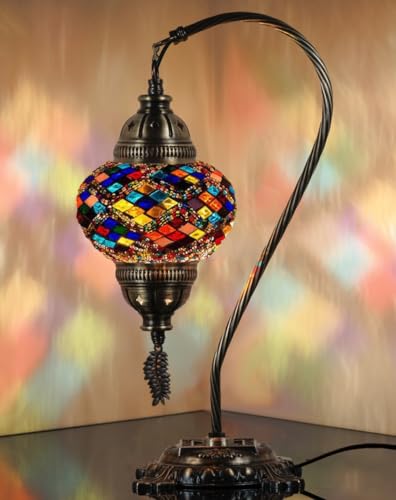 DEMMEX Turkish Moroccan Mosaic Table Lamp – Handcrafted Tiffany-Style Colorful Glass Swan Neck Bedside, Desk, Table Light, Boho Artisan Accent Lighting for Bedroom or Living Room – 15