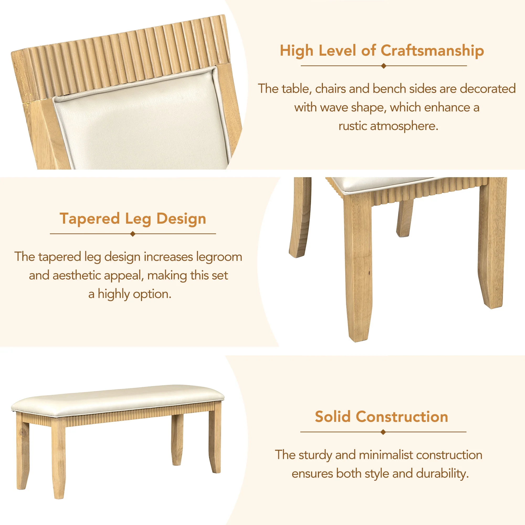 CoSoTower Rustic Solid Wood 6-Piece Dining Table Set, PU Leather Upholstered Chairs and Bench, Natural Wood Wash