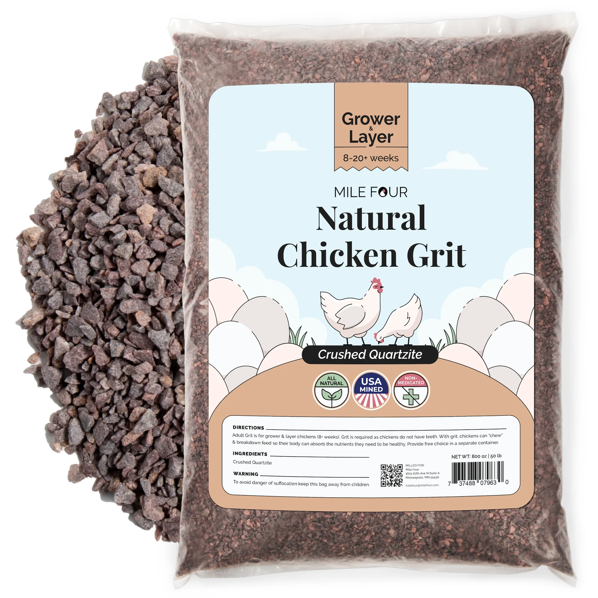 Mile Four | Grit for Healthy Chickens | 100% US Mined Quartzite, Mineral Grit | Organic, Natural Crushed Grit Quartzite, Mineral Grit | Healthier Chickens | 50 lbs.