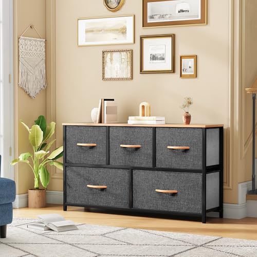 DWVO Dresser TV Stand, Fabric Tower with 5 Drawers, Dresser for Bedroom, Storage Tower, Chest of Drawers for Closet