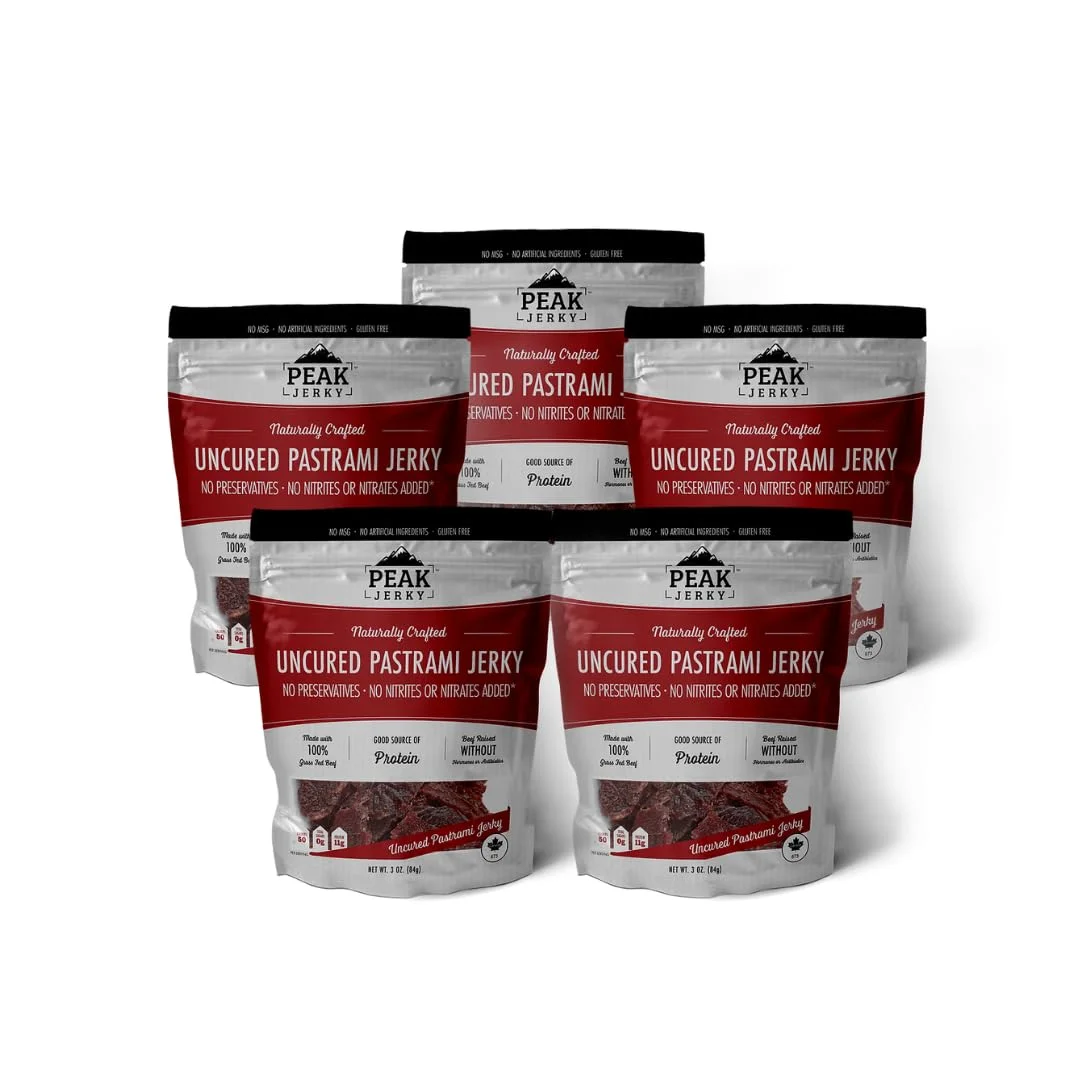 Peak Original Pastrami Jerky (5 pack) - Uncured Jerky made with 100% Grass Fed Beef, NO Artificial Ingredients, NO Sugar, and NO Gluten
