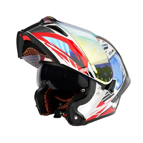 Orthrus Modular LED Full Face Motorcycle Helmet - DOT Approved Flip-Up Dual Visor Sun Shield & Bluetooth Ready for Adults Men Women - Street Bike/Motocross (Dobermann Red, XL)