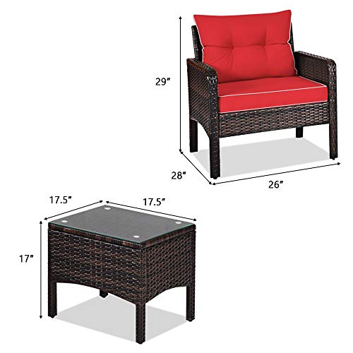 DORTALA 3 Piece Patio Furniture Set, Outdoor Rattan Wicker Conversation Set with Cushions, Glass Top Coffee Table for Garden Balcony Poolside, Brown