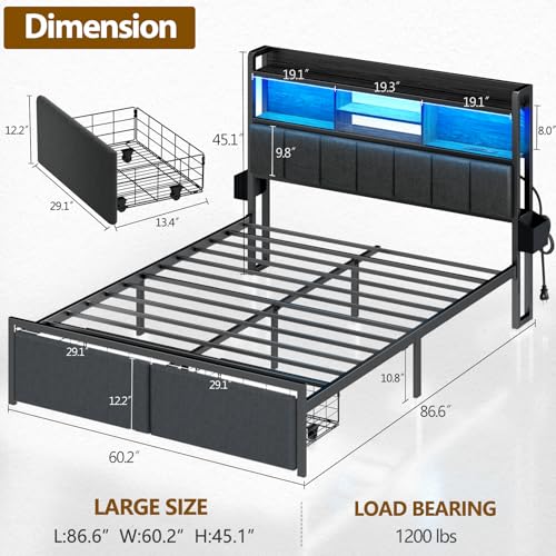 Furnulem Queen Bed Frame with Storage Drawers, Upholstered Headboard with Storage Shelf, LED Lights and Charging Station, Metal Platform Bed Frame Queen Size, Noise Free, No Box Spring Needed, Black