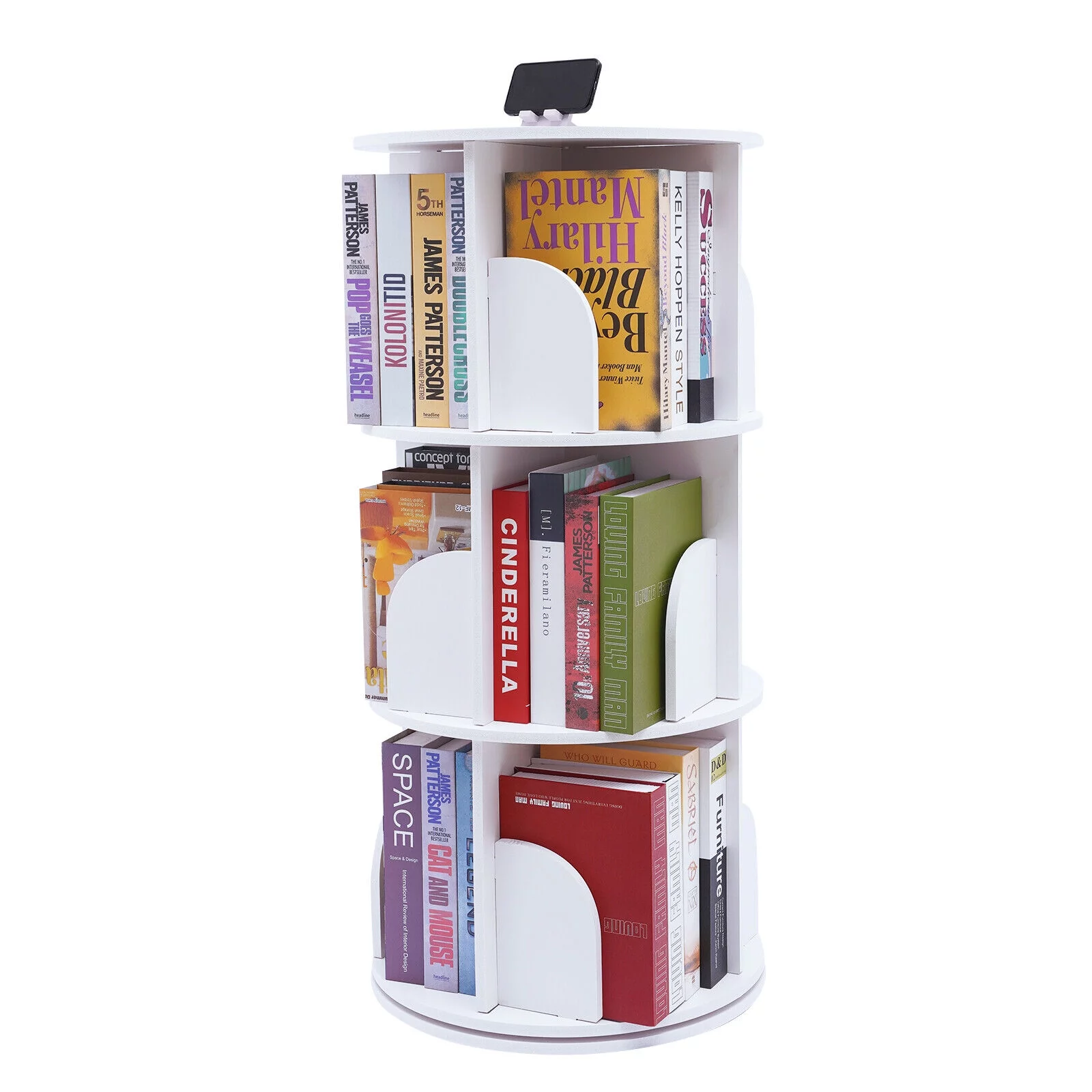 Oukaning 3-Tier 360°Rotating Bookshelf Freestanding Display Rack Bookcase Storage Shelf White