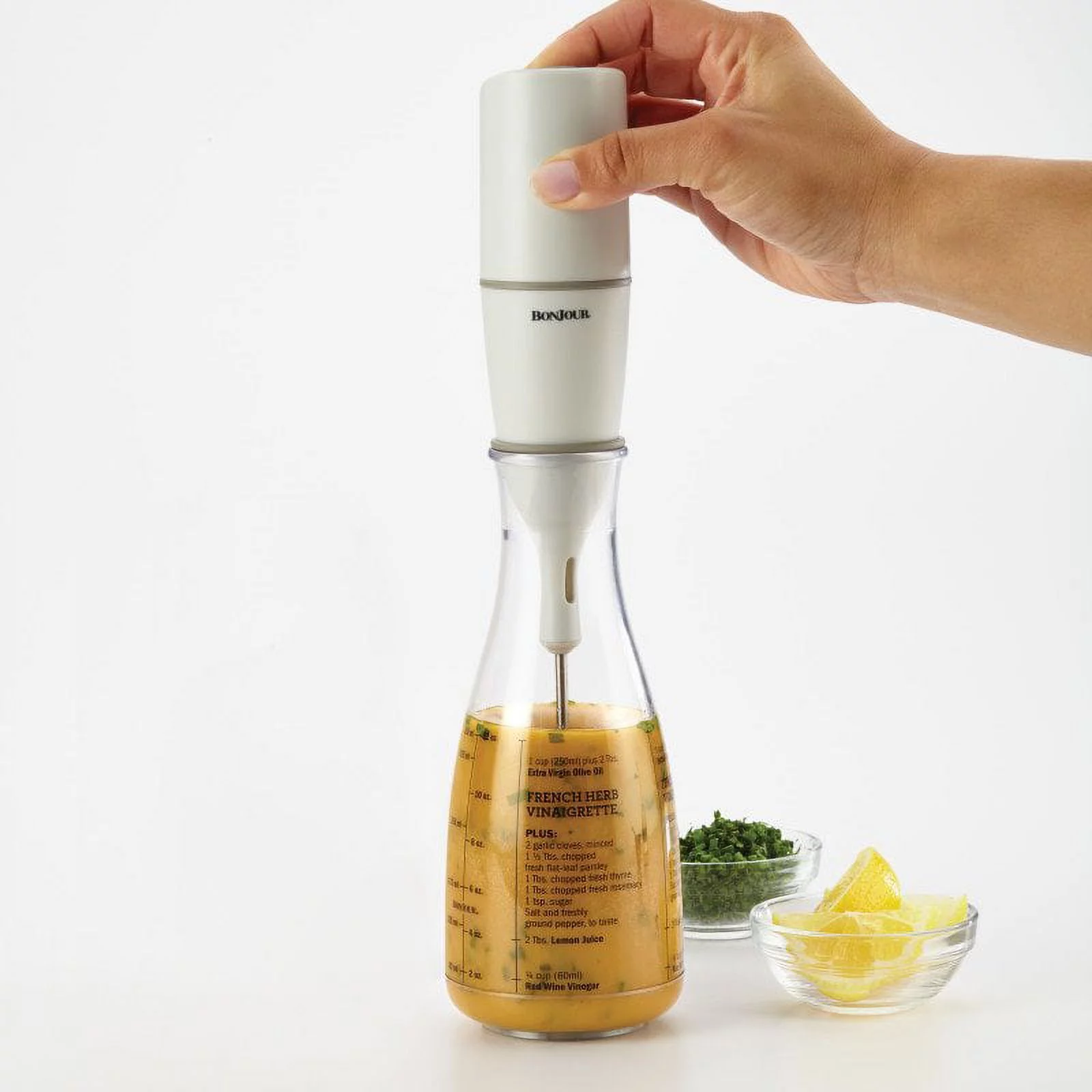 BonJour Chef's Tools Plastic Salad Dressing Carafe and Handheld Mixer, 12 oz, Salad Chef