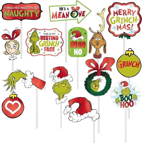 Assorted Paper Traditional Grinch Photo Prop Kit - (Pack of 13) - Props for Christmas Fun & Festivities - Stand Out with Unique Holiday Party Décor