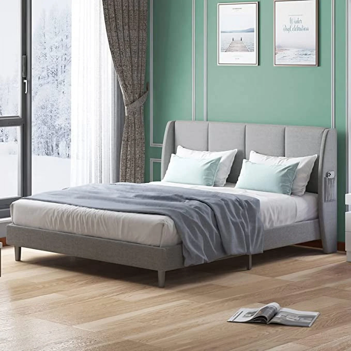 Mjkone King Platform Bed Frame with Wooden Slat Support, King Bed Frame and Headboard, King Size Bed Use Linen Upholstery, No Box Spring Needed/Easy Assembly/No Mattress (King, Dark Grey)