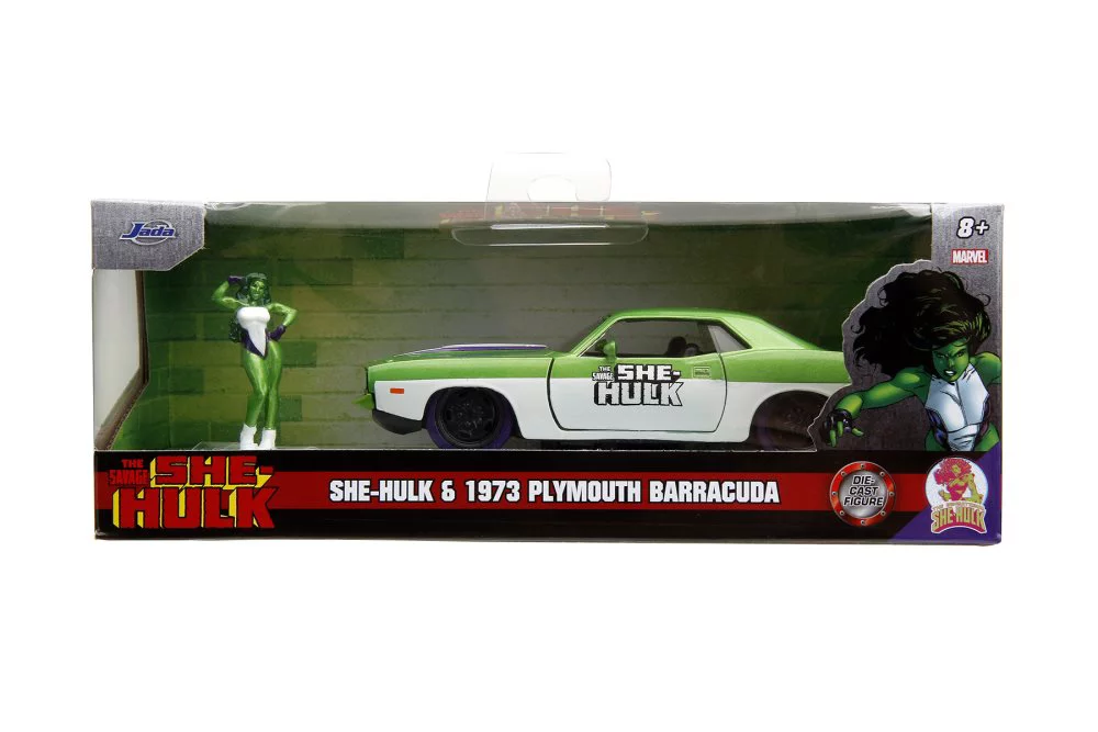 1973 Plymouth Barracuda with She-Hulk Figure, She-Hulk - Jada Toys 34273 - 1/32 Scale Diecast Car