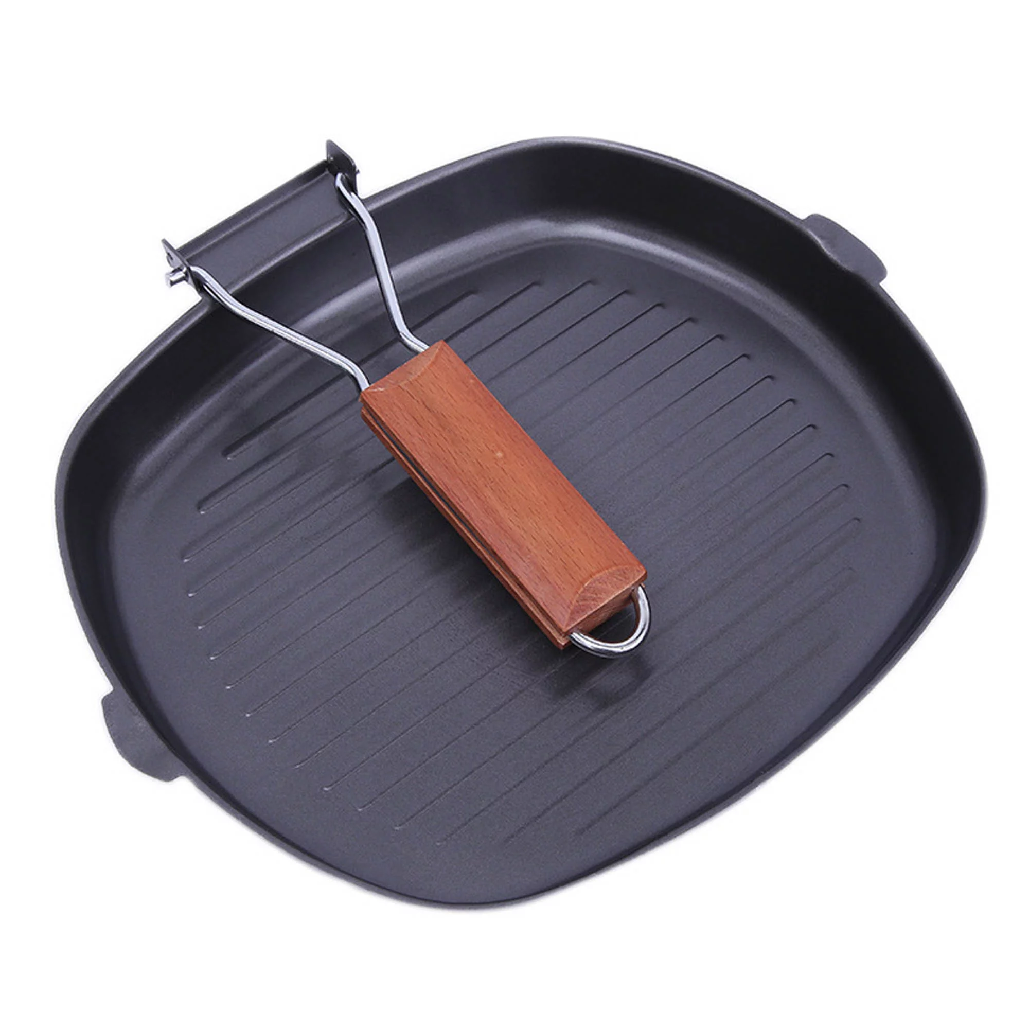 Lisenrain Steak Frying Pan Cast Iron Non Stick Grill Pan Folding Wood Handle
