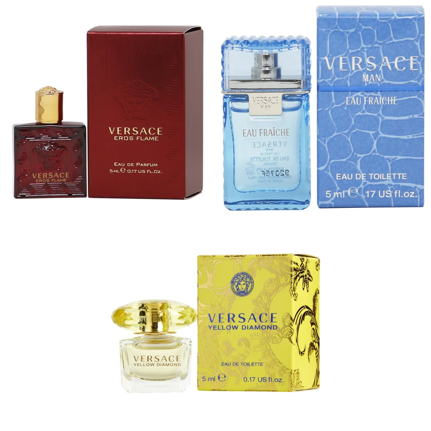 Versace Eros Flame EDP, Man Eau Fraiche EDT, Yellow Diamond  EDT - 5ml 3PK Kit