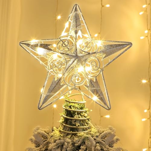 Juegoal Star Tree Topper with 20 LED Lights, Metal Golden Lighted Treetop Ornaments, Battery Powered Light Up Christmas Tree Decorations, 6.5 x 6.5 Inches
