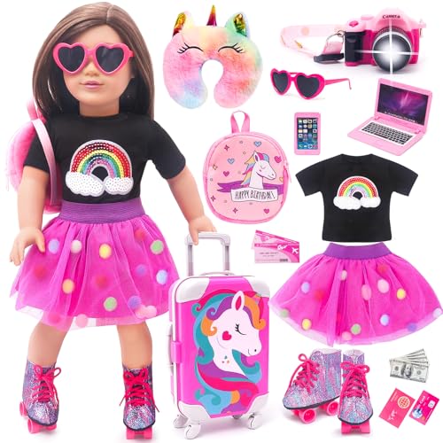 American 18 Inch Doll Accessories Doll Travel Set Including Suitcase Luggage and Dress, Camera Computer Phone Neck Pillow Sunglasses Dolls Travel Gear Play Set Gift for Birthday (NO Doll)