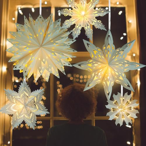 5 Pack Christmas Paper Snowflake Lanterns, Christmas Paper Star Lantern with LED Light White Hanging Lamp Ornaments for Xmas Tree New Year Winter Frozen Weddings Birthday Holiday Party Decorations