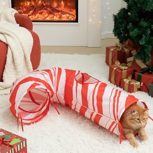Aliceset Christmas Cat Tunnel Red Candy Cane Cat Toys Christmas Tree Kitty Tunnel Pet Xmas Interactive Safety Spring Steel Frame