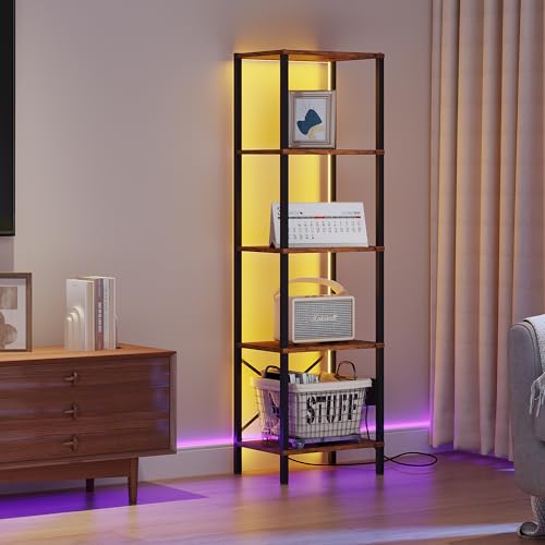 6-Tier Bookshelf, Tall Narrow Bookcase with LED Lights, Book Shelf with Steel Frame, Display Storage Shelf for Living Room, Bedroom, Home Office, Study, Balcony, Black